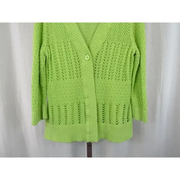 Christopher & Banks XL Chartreuse Open Knit Crochet One Button Cardigan Sweater - Picture 3 of 10